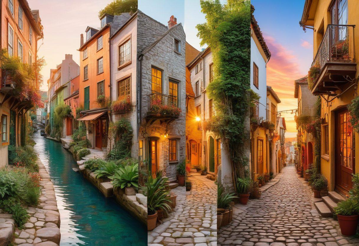 A scenic collage of hidden gem locations, featuring enchanting forest trails, a secluded beach with crystal-clear water, a charming cobblestone alley with quaint shops, and a secret rooftop garden with stunning city views. Each spot illuminated by golden-hour sunlight, with an adventurous traveler exploring. Vibrant colors. super-realistic. white background.