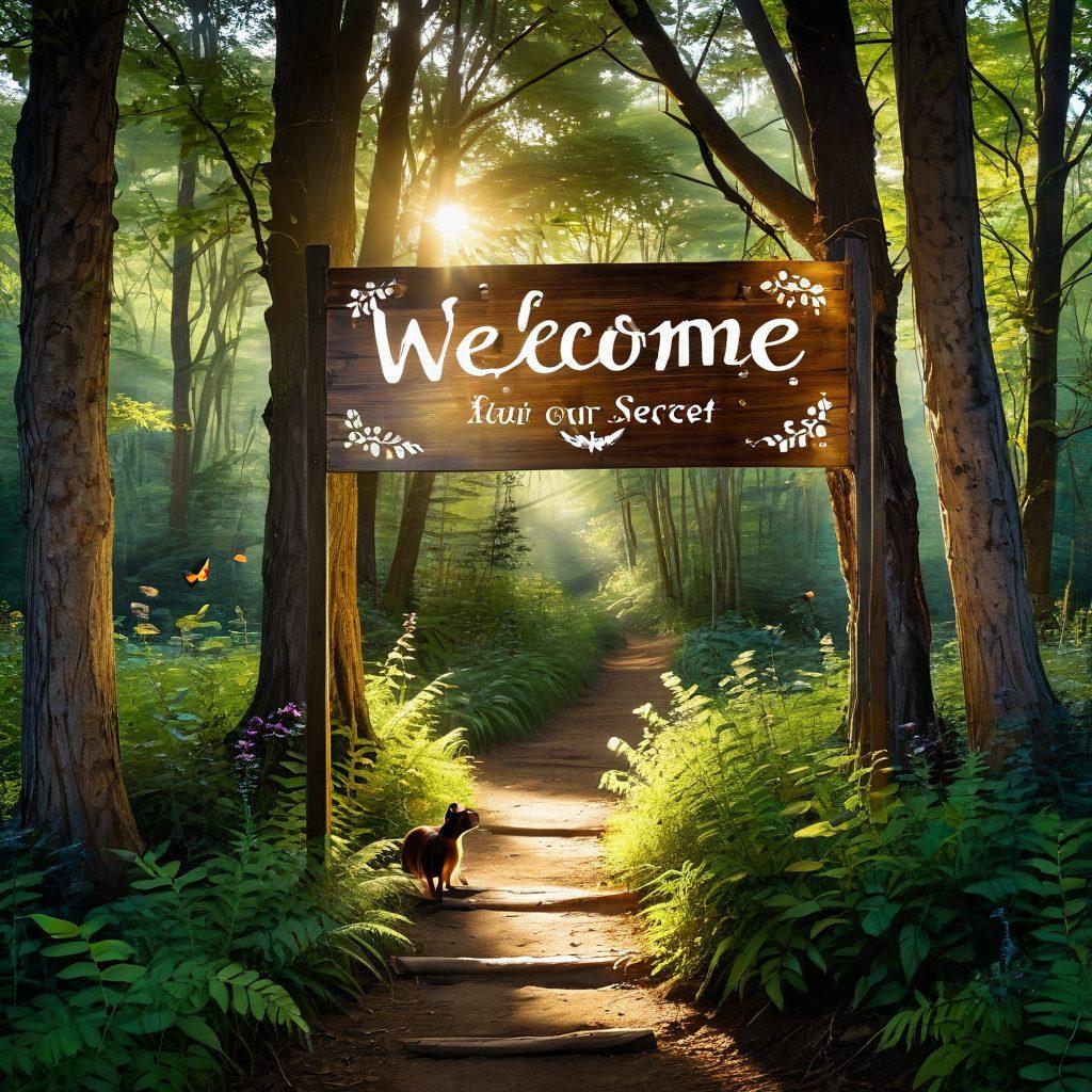 A serene, sunlit clearing surrounded by tall, lush trees with golden light filtering through the leaves. In the center, a diverse group of smiling people engaged in lively conversation, symbolizing unity and exclusivity. A rustic wooden sign beside them reads 'Welcome to Our Secret Haven' with an inviting, elegant font. Birds and butterflies add a touch of whimsy. painting, vibrant colors, serene atmosphere.