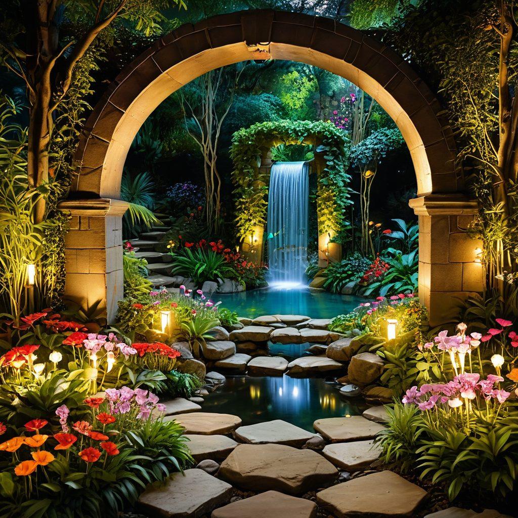 An intricately designed secret garden with a golden gate slightly ajar, revealing a secluded, dreamy paradise full of lush greenery and vibrant flowers. Beneath the gate, ancient stepping stones lead to a mystic fountain surrounded by sparkling lights. Enigmatic, magical ambiance. super-realistic. vibrant colors. enchanted forest style.